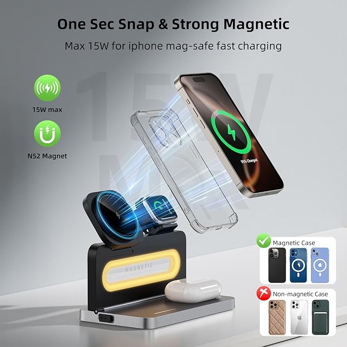 3 in 1 Wireless Charging Station for Apple MagSafe Charger,Magnetic Wireless Charger Stand for iPhone 16 15 14 13 12,Foldable Nightstand Charging Dock for Apple Devices iWatch,AirPods with Night Light