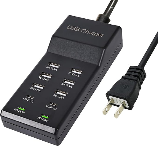 100W USB Charging Station, 10-Port (6 USB-A & 2 USB-C, 2 PD20W) Compatible with iPhone 11-15, Tablets - Black