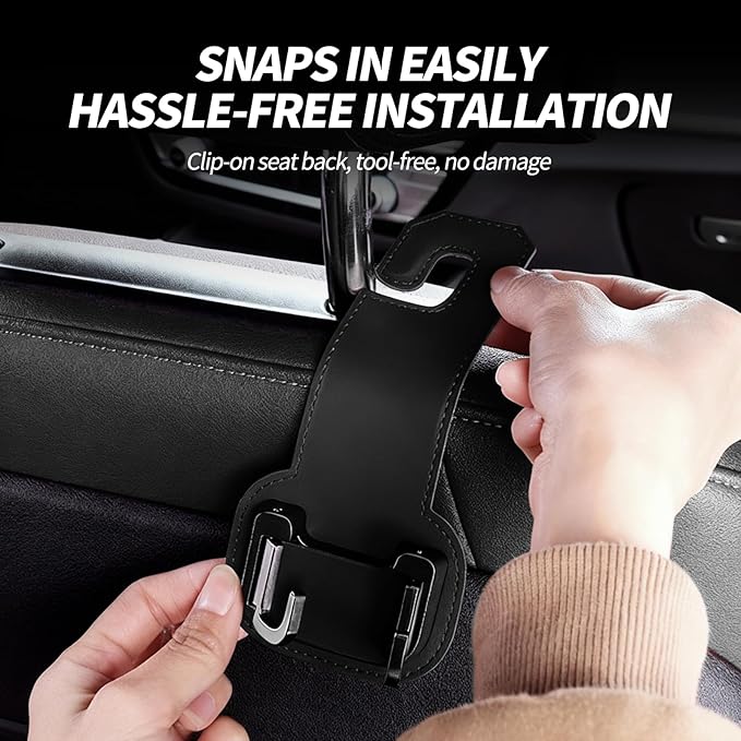 2 Packs Headrest Hooks for Car, Hidden Twinhook Leather & Metal Car Purse Holders, Universal Seat Back Storage Organizer Hanger for Purse Bag Handbags Phones, 2026 Car Seat Accessories (Black)