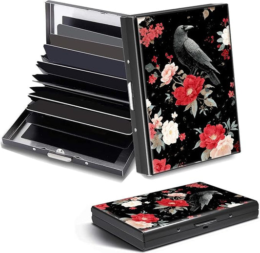 Credit Card Holder Crow Flower Design Mini RFID Blocking Aluminum Wallet Slim Metal Hard Cover Shell Travel Wallet ID Cases Small Credit Cards Case Business Cards for Women Men Girls