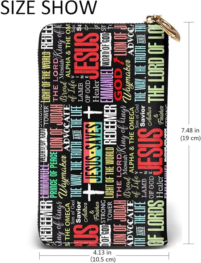 Jesus Cross Leather Wallet Phone Credit Card Money Holder with Many Rooms Zipper Purse for Women Men