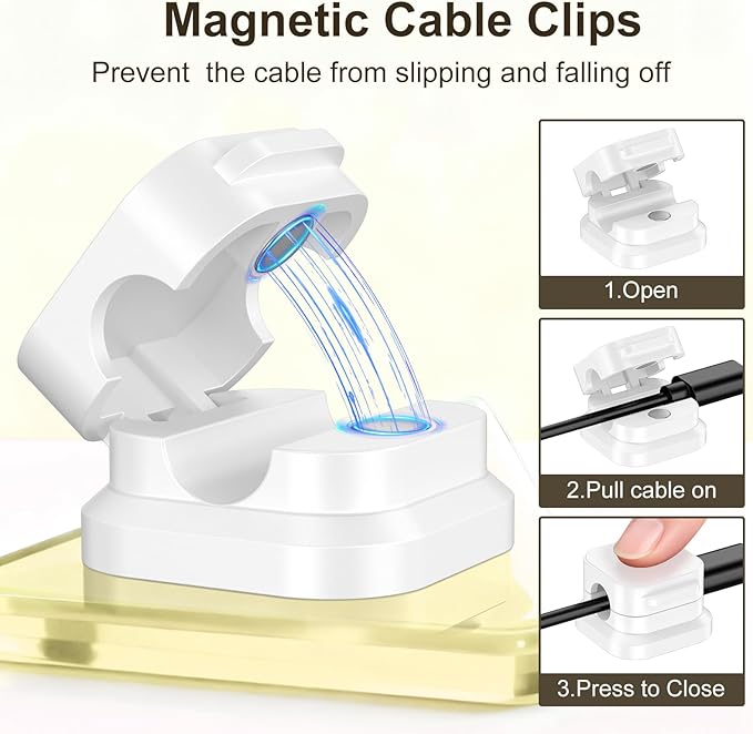 6 Pack Magnetic Cable Clips, Cord Organizer Holder with Strong Adhesive, Desk Cable Management for Home Office Car Desktop Nightstand, Adjustable Wire Keeper, White