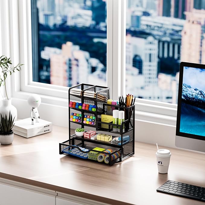 Marbrasse Mesh Pen Holder for Desk, Multi-Functional Pencil Organizer with Drawer, Desk Organizers and Accessories for Office Art Supplies (Black)