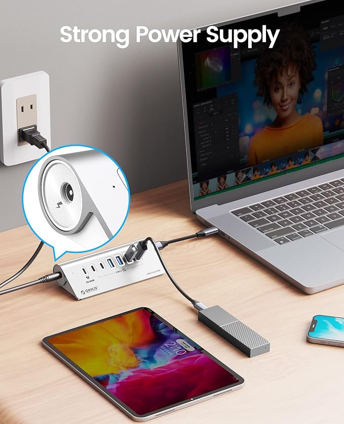ORICO 7-Port USB 3.2 Gen2 Hub, Powered USB 3.2 Hub with 4 USB-A, 2 USB-C, PD 60W, 72W Power Adapter, 10Gbps Aluminium USB-Splitter with 1.64Ft USB-C to USB-A/C Cable for iMac, MacBooks, Mac mini