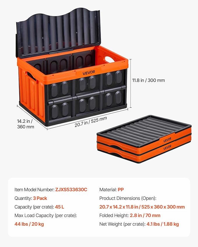 VEVOR Plastic Collapsible Storage Bins with Lids, 45L 3Packs, Stackable Folding Storage Crates with Handles, Holds 44 lbs Per Bin, Heavy Duty Containers, Space-Saving Baskets, for Home Organizing