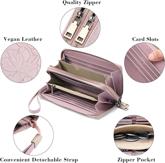 GAEKEAO Wallet for Women Clutch RFID Blocking Wristlet Leather Purse Large Capacity Credit Card Holder with Grip Hand Strap