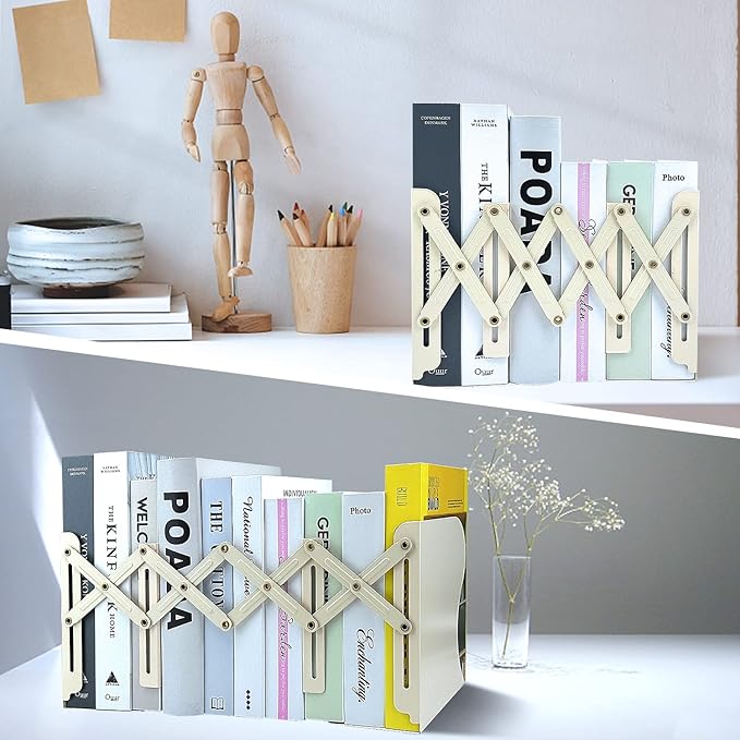 Adjustable Bookends, 19 inches 2 Dividers Heavy Duty Metal Book Holders, Book Storage Rack, Desk Organizer Magazine File Holder for Office, School, Bookstore and Home, Beige