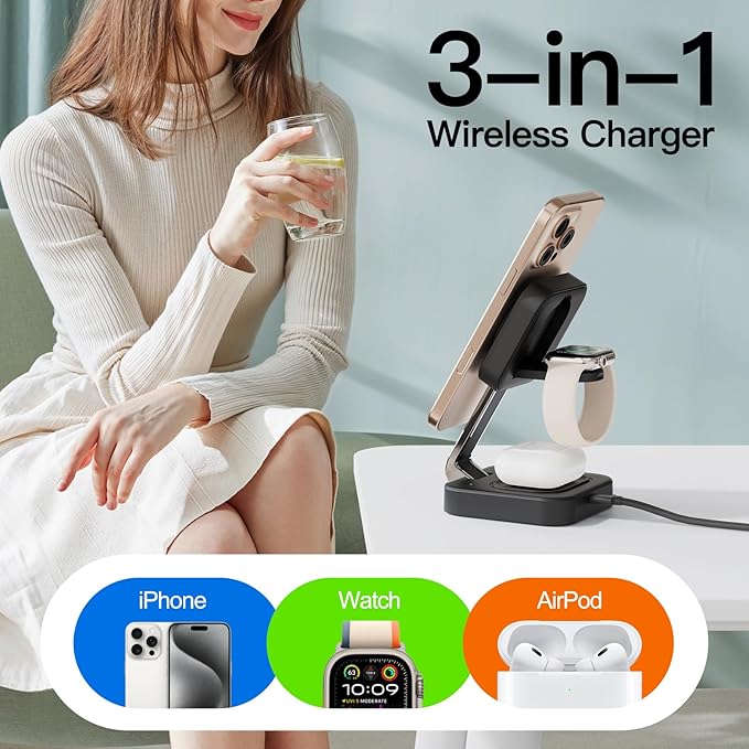 RYND 2026 Traveling Wireless Mag-Safe Fast Charging Station,Magnetic 3 in 1 Charger with iPhone 17 16 15 14 13 12 Pro Max Plus,Apple Watch Series & Air pods 4 3 2 Pro-Gifts for Wife & Husband(Black)