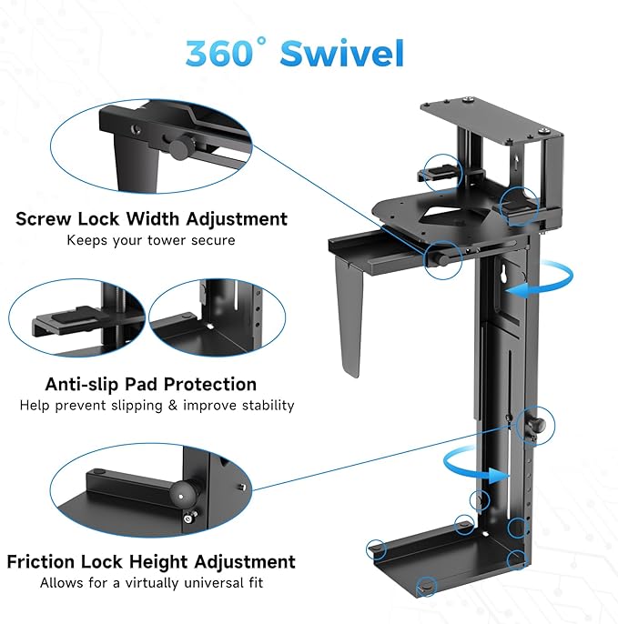 Suptek Clamp-on Desk or Desk Leg PC Mount,Adjustable Height and Width,CPU Under Desk Table Beam PC Mount Bracket Computer Tower Wall and Under Counter Holder