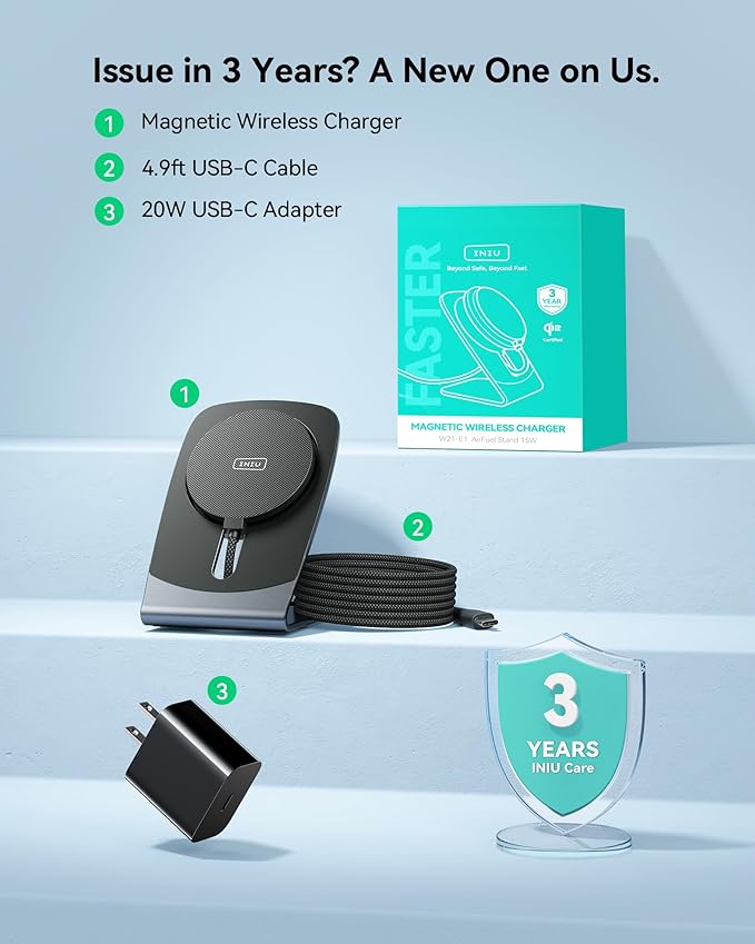 INIU Magnetic Wireless Charger Stand, Qi2 Certified 15W Mag-Safe Wireless Charging Pad with Cooling Fan, Fast Charging Pad for iPhone 17 16 15 14 13 12 Series AirPods 4 3 2 Pro (with Adapter)