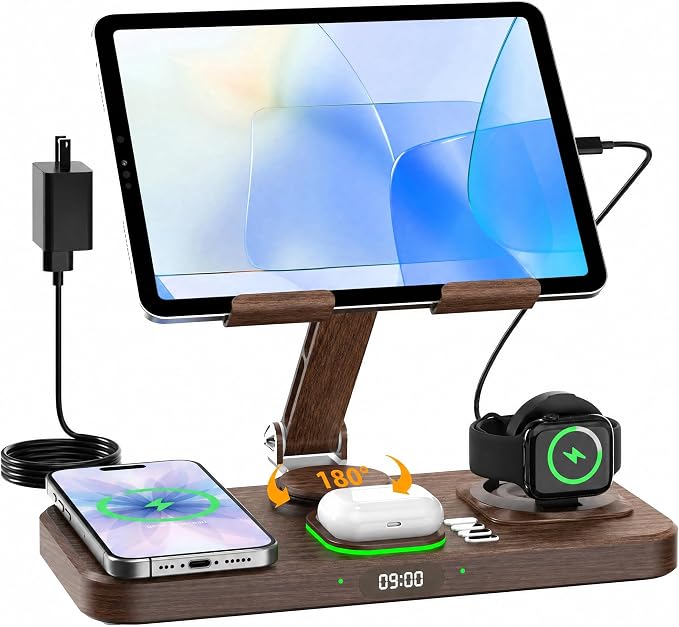 30W Charging Station for Apple Products,Foldable Wireless Charger with Clock Display&7 Color Light,Wired Charging for iPad/Tablet Charging Station for iPhone17, for Apple Watch11for AirPods4(Woodgrain