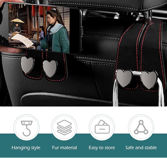 2 PCS Car Purse Hook, Cute Headrest Hooks, Seat Back Storage Holder, for Umbrellas Wallets Support, Multifunctiona Car Accessories (Black)