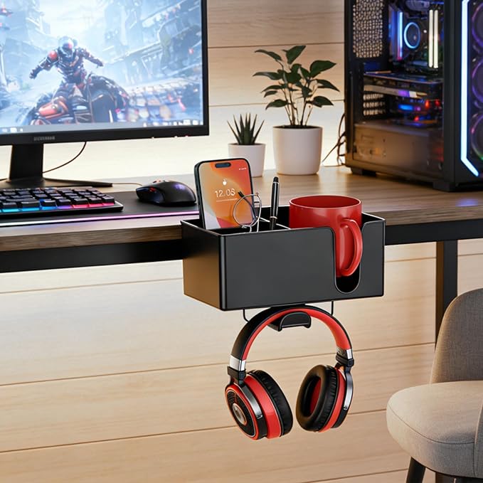 MYITYARD 4 in 1 Desk Cup Holder Clamp, Detachable Clip On Drink Holder with Rotating Headphone Hanger, Anti-Spill Desktop Organizer Pen Holder for Mug, Pen, Phone, Gaming Office Desk Accessories