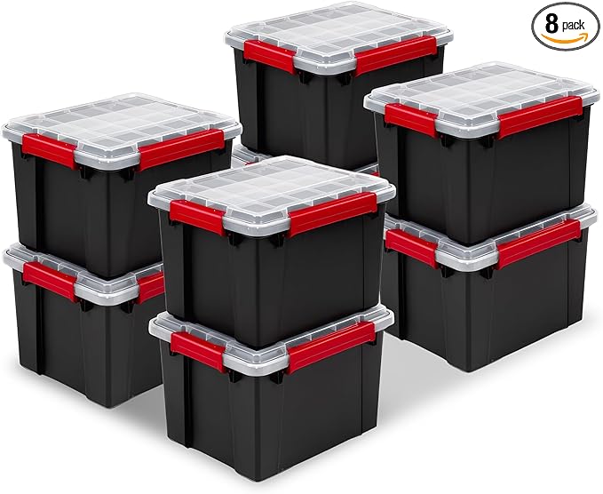 Sterilite 8 Pack Gasket Box, Stackable Plastic 8.5 Gallon Storage Container with Lids, Black - Waterproof and Dustproof Tote for Home Organization