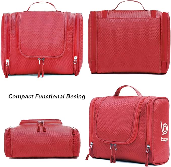 Bago Travel Toiletry Bag for Women and Men X-Large Waterproof Hanging Large Toiletry Bag for Bathroom and Travel Bag for Toiletries Organizer -Travel Makeup Bag (Red)