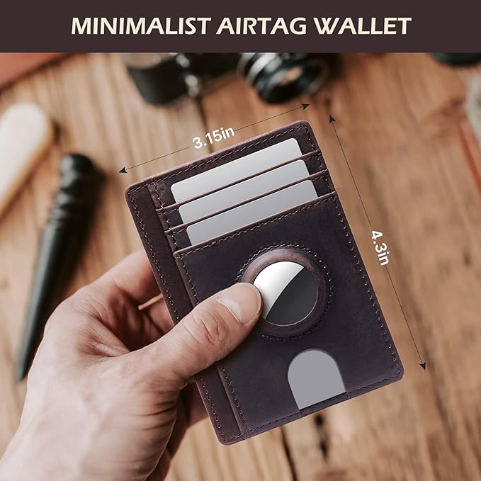 typecase Slim Minimalist Card Mens Wallet for AirTag, Front Pocket Premium Crazy Horse Leather Wallet with AirTag Holder, RFID Blocking Cash Credit Card Wallet Compatible with AirTag (Dark Brown)