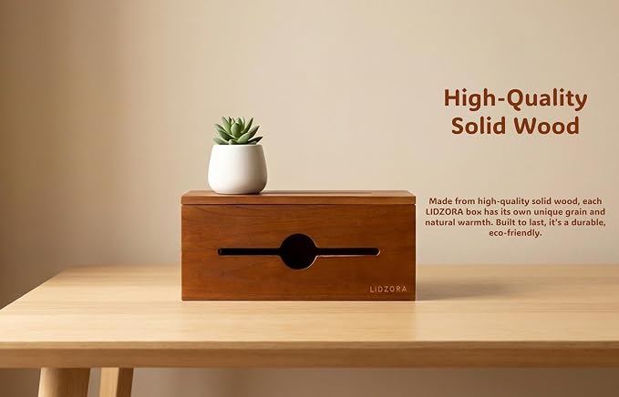 Wooden Cable Management Box for Power Strips, Desk Cord Organizer for Home Office & TV Stand, Hidden Cable Storage with Phone Stand