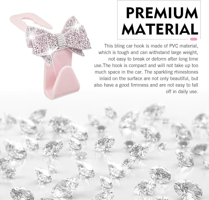 2 PCS Bling Bow Car Headrest Hook, Diamond Sparkling Invisible Seat Headrest Hooks, Vehicle Storage Organizer with Butterfly Bow Vent Clip for Purses, Bags, Groceries (Pink)