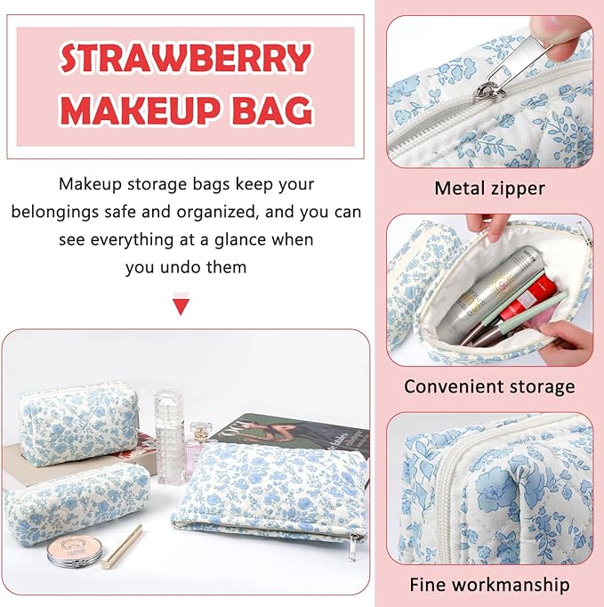 3 Pcs Makeup Bag Cosmetic Bag Set for Girls Women Checkered Travel Organizer Bathroom Toiletry Pouch Large Capacity Storage Bag(Blue Flower)