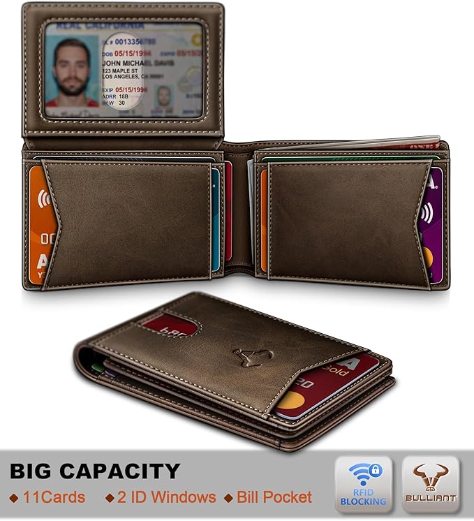 BULLIANT Men Wallet, Slim Leather Wallet Front Pocket Card Holder Gift For Men 11 Slots RFID Blocking
