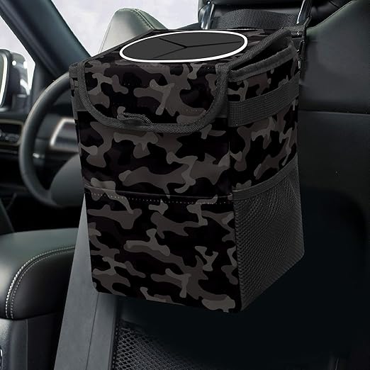 Car Trash Can Black and Grey Camouflage Wate-rproof Auto Garbage Bag Car Trash Can with Lid Leak-Proof Car Storage Bag Hanging for Headrest Collapsible and Portable with Storage Mesh Pocket