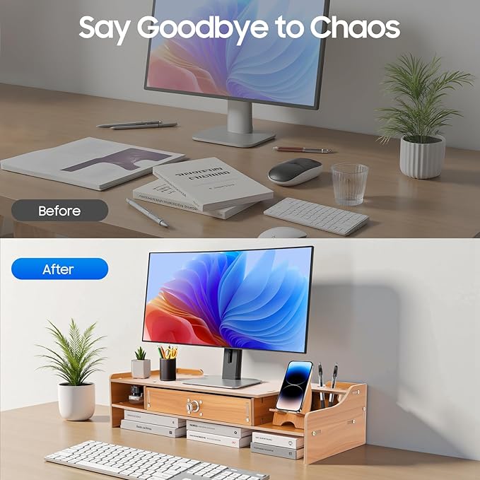 Monitor Stand Wooden Desktop Organizer with Lockable Drawers & Keys & Phone Holder Vintage Multi Compartment Desk Shelf for Home,Office (Z0802)