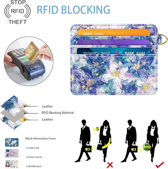Slim Minimalist Front Pocket RFID Blocking Credit Card Holder Small Wallet Cute Card Cases for Women,Blue Flowers