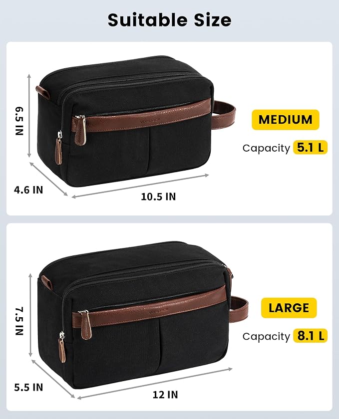 Vorspack Large Canvas Toiletry Bag for Men - Water Resistant Travel Bag for Toiletries, Bathroom Essentials, Accessories - Black