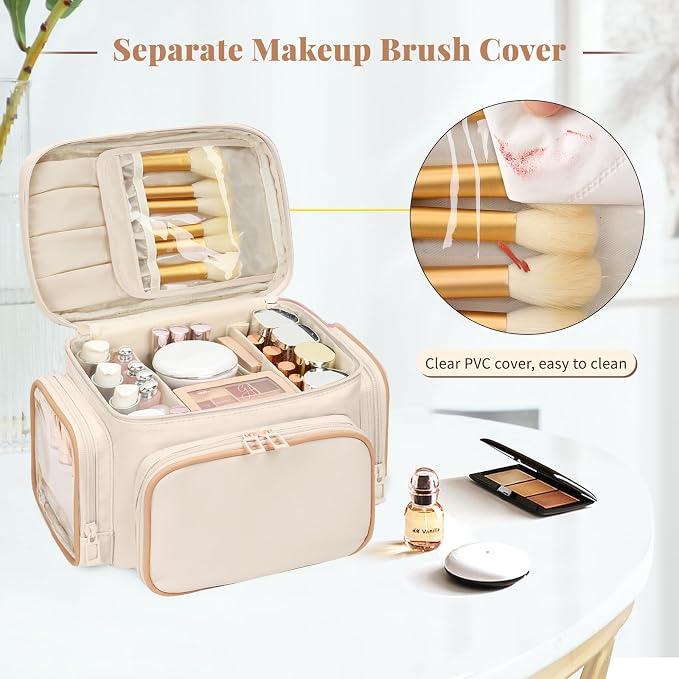 Bagmoly Large Makeup Bag, Portable Travel Makeup Bag Organizer for Women Girls with Makeup Brush Compartment & Two Side Pockets, Cosmetic Travel Bag Vertical Storage Toiletry - White