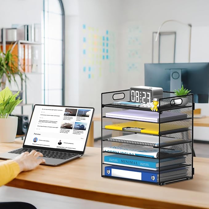 7-Tier Paper Organizer for Desk, Letter Tray with Handle Mesh Desk File Organizer, Workspace Organizers, Paper Sorter Organizer for Office Home School (Black)