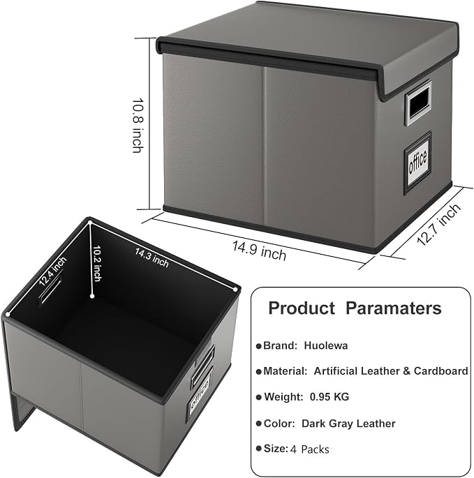 Portable Leather File Organizer Boxes with Lids, Office Document Boxes Organizer, Filing Boxes, Decorative Small File Boxes for Hanging Files with Plastic Slide for Office/Decor/Home