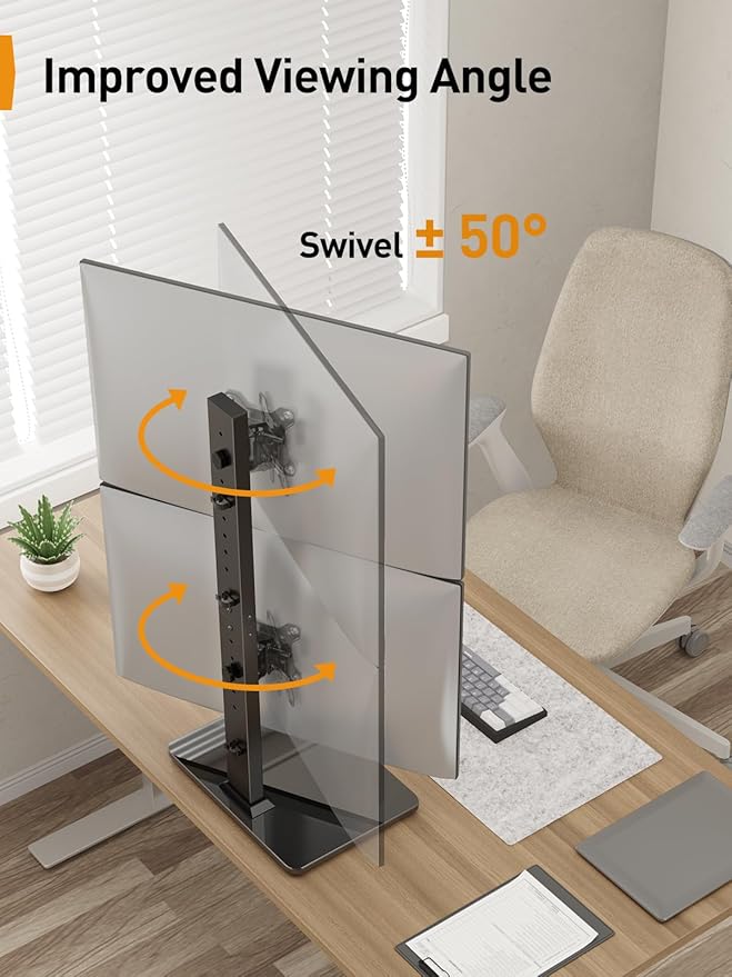 Perlegear Dual Vertical Monitor Stand for 13-40 inch Screen, 13 Height Settings, Dual Computer Stand with 360 Degree Rotation, Up to 44 lbs, Max VESA 100x100mm, PGTVS30