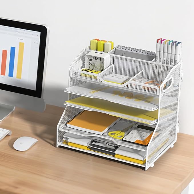 YINGHUA 5 Tier Paper Tray Letter Organizer with Top 6 Adjustable Compartments - Paper Sorter Office Desktop Accessories with Handles for Document,Mail,School Supplies Storage,White