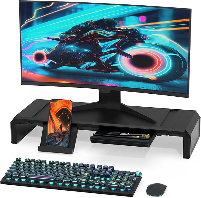 Heymaster Monitor Stand Riser, Foldable Computer Monitor Riser, Adjustable Length Computer Stand, Desk Shelf Riser with Storage Drawer &Tablet Phone Stand for Desktop, Laptop