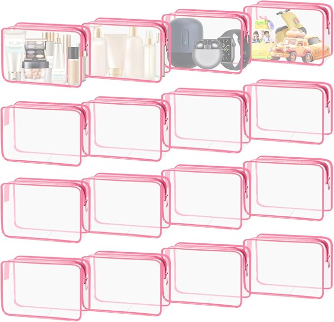 YedsIntu 16-Piece Makeup Bags, Waterproof Toiletry Bag Carry Pouch Portable Cosmetic Bag PVCTravel Clear Pouches Carry-on Travel Essentials Transparent Storage Organizer Bag (Rose Pink-M)
