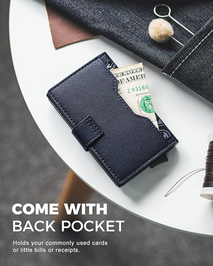 VULKIT Slim Bifold Pop up Wallet Minimalist Leather Card Holder RFID Blocking Metal Card Case with ID Window for Women | with Leather Slots, RFID Blocking, Slim, Metal Card Case