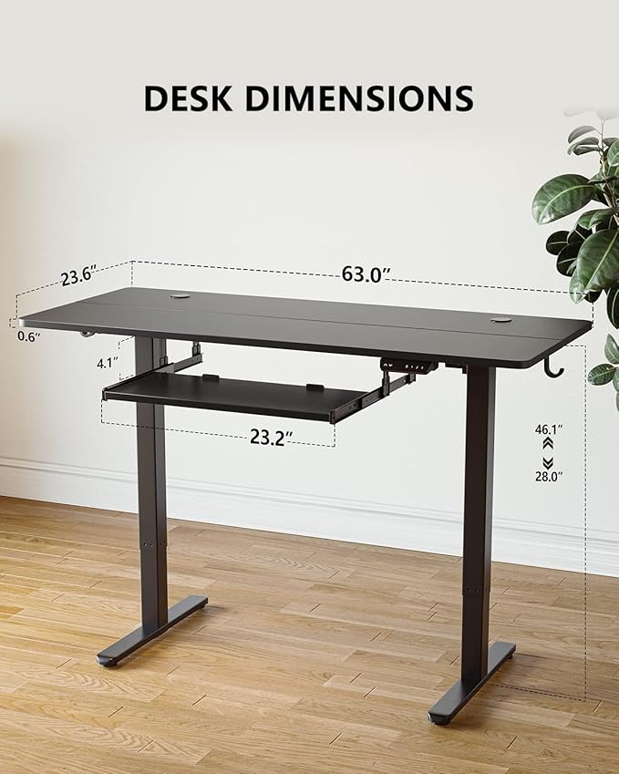 FEZIBO Standing Desk with Keyboard Tray, 60 x 24 Inch Adjustable Height Sit Stand Desk with Memory Presets for Home Office, Ergonomic Computer Workstation, Black