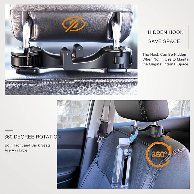 Car Headrest Hook with Phone Holder, Universal 360 Rotation Headrest Hooks for Purses and Bags (Silver)