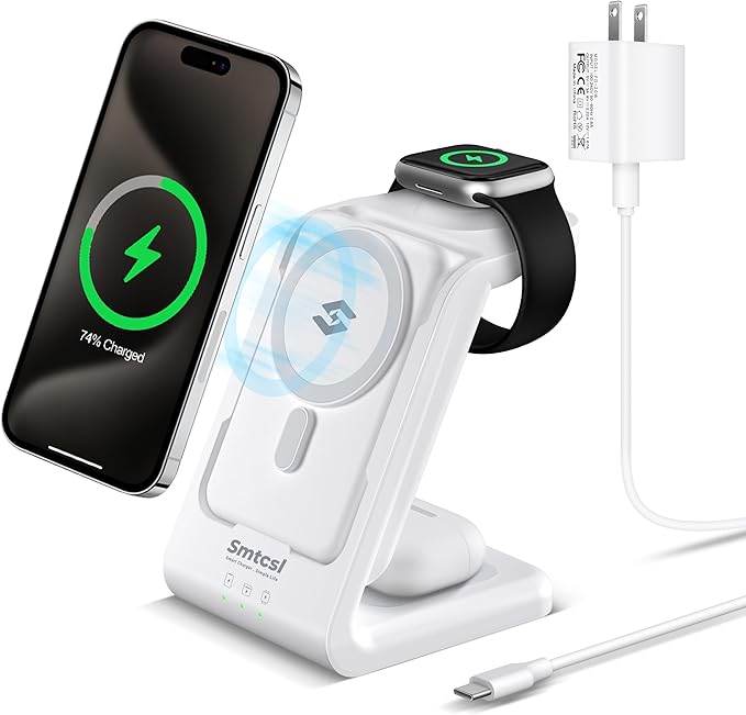 Smtcsl 3 in 1 Wireless Charging Station: 10000mAh Removable Power Bank Charger Stand for Phone/Watch/Air Pods - Portable Magnetic Battery Pack for Air 17 16 15 14 13 12 Series White