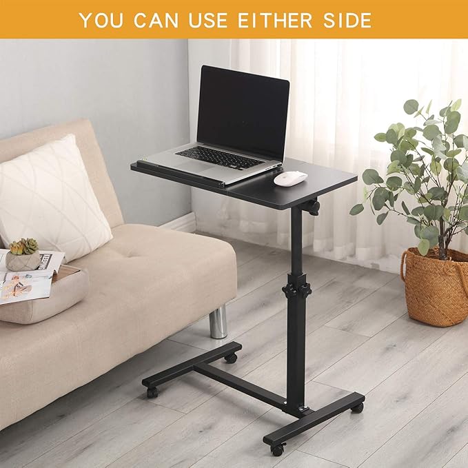 TigerDad Overbed Bedside Desk Mobile Rolling Laptop Stand Tilting Overbed Table with Wheels Height Adjustable Tray Table for Laptop Bed Sofa Side Table (Black)