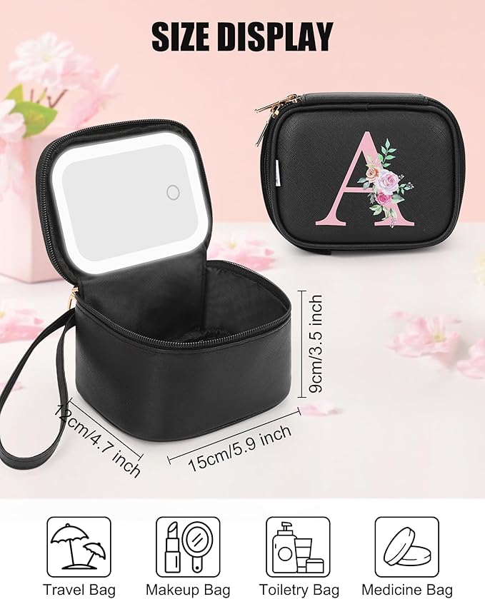 Relavel Mini Makeup Bag with Led Mirror, Portable Initial Make Up Bag for Women with 3 Light Modes, Rechargeable Makeup Pouch for Girls, Personalized Birthday Gifts for Party Travel (Black, A)