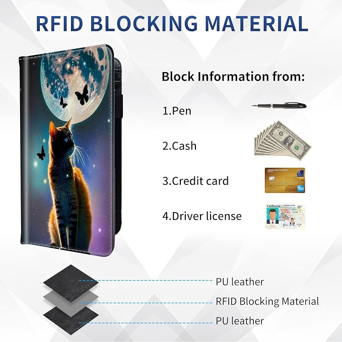 DEGDFSGR Checkbook Cover - Premium Leather Standard Duplicate Register Check Card Book Holder Wallet with RFID Blocking Function for Girl Men Women,Cat Look at Butterfly