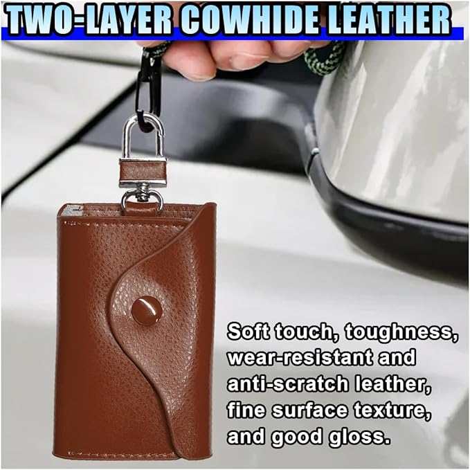 Leather Car Key Case Holder, Remote Key Fob Case with Keychain & Snap Closure – Universal Smart Keys Pouch for Men Women, Coin Holder Protection Bag with Metal Hook (Brown)