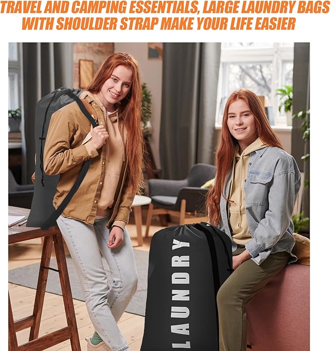 Isink Heavy Duty Laundry Bag with Strap,2 Pack Travel Laundry Bags for Dirty Clothes,24" x 36" Large Laundry Bag for Traveling,Camping,Dorm (Black+ Gray)