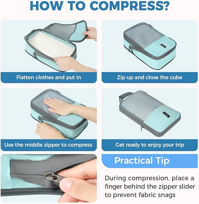 BAGAIL 6 Set Lightweight Compression Packing Cubes with Packing List, Anti-Tearing Expandable Organizer Bags for Travel, Dusty Blue