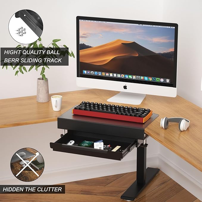 Clamp on Desk Corner Sleeve with Drawer, L Desk Connector Platform with Mounting Under Desk Drawer Hanging Corner Desk for Extender Desk Space