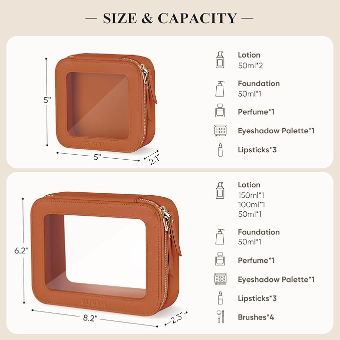 Clear Makeup Bag, Travel Toiletry Bag Cosmetic Case for Women, Waterproof Portable Make Up Skincare Pouch with Zipper, Compact Car Organizer Bag for Essentials, Medium Size, Brown