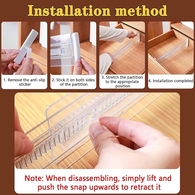 8 Pcs Drawer Dividers for Clothes, 3.15" High 11.34"-19.69" Adjustable Expandable Dresser Drawer Organizer, Clear Plastic Separators for Dresser, Baby Clothing (8, white‌)