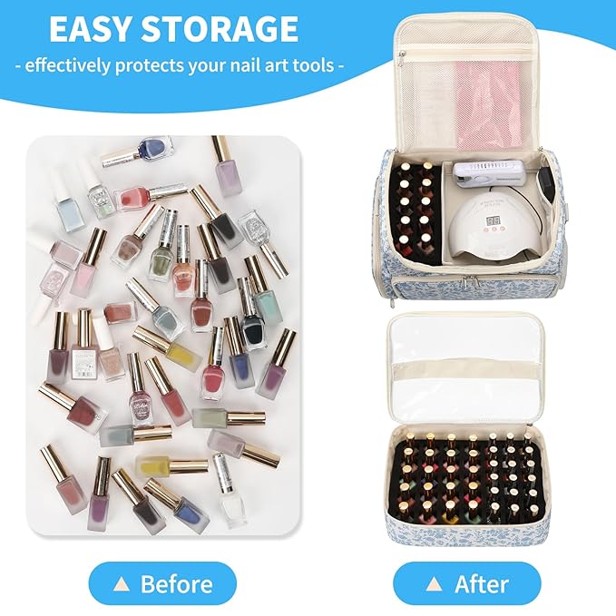 CUBETASTIC Extra Large Nail Polish Organizer Case Holds 86 to 100+ Bottles Nail Polish & Nail Lamp, Nail Supplies Storage Carrying Bag with 2 Removable Pouches (Blue Floral, 86 Slots)