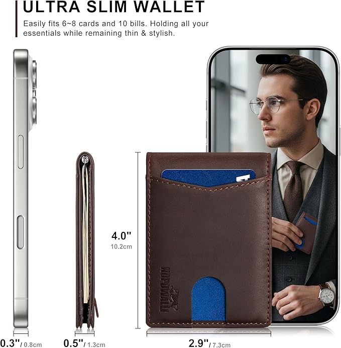 Slim Wallet for Men RFID Blocking, Genuine Leather Card Holder Minimalist Bifold, Front Pocket Wallets for Men with Money Clip Small Thin